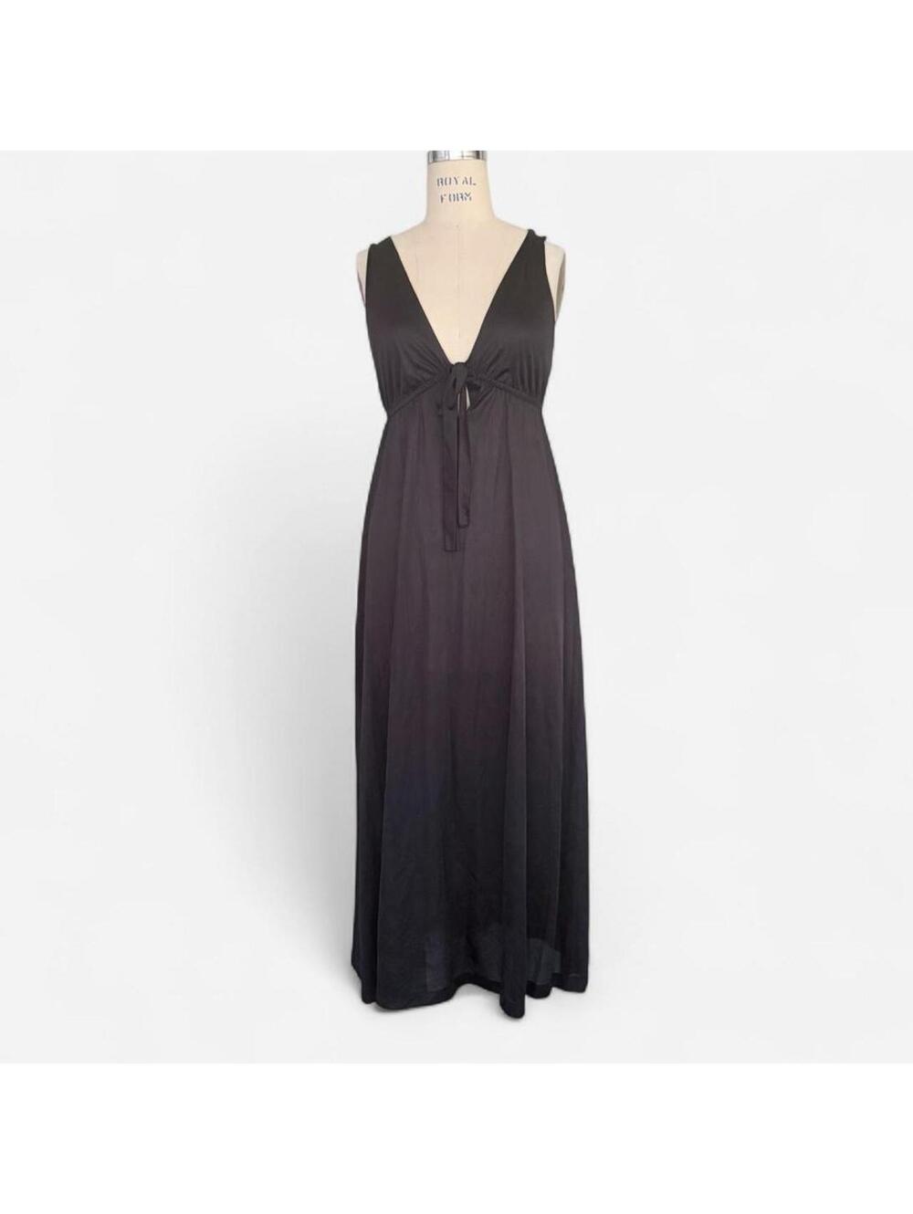 Vintage 90s Black Deep V Tie Front Empire Maxi Slip Nightgown Dress Whimsygoth